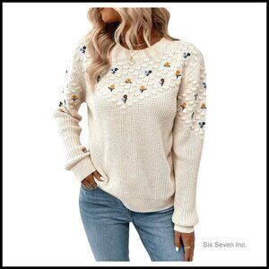 Floral Embroidered Crochet Sweater Lightweight Knit Pullover Long Sleeve